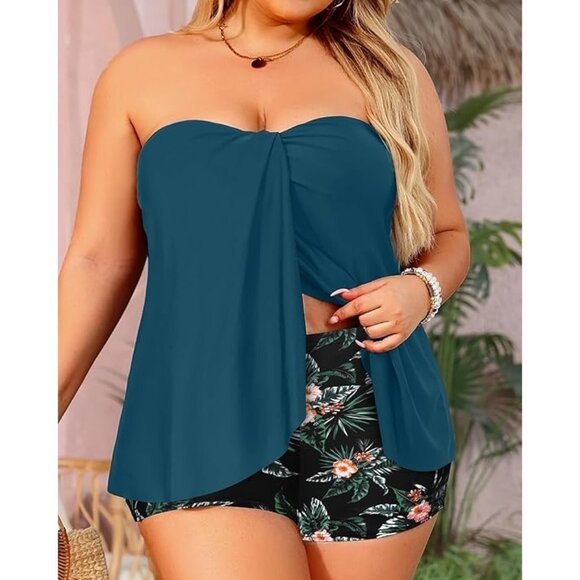 Daci Bandeau Plus Size 14W Tankini Set Removable Straps Teal Top Floral Bottom - Picture 3 of 9